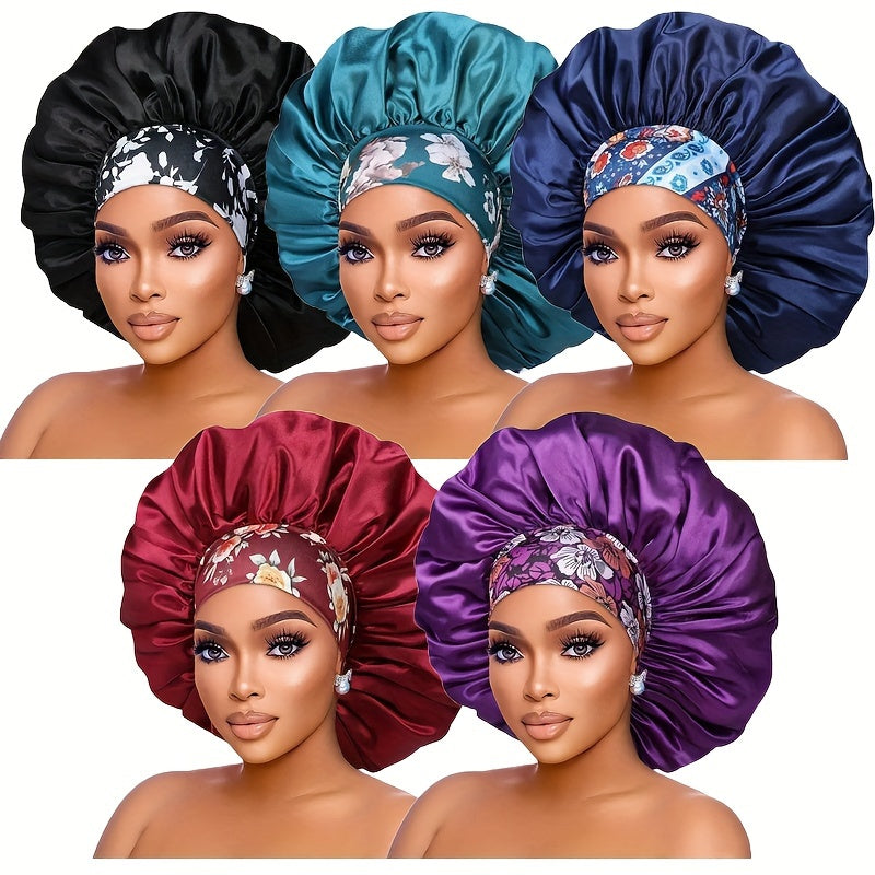 Five women wearing satin bonnets in black, teal, blue, red, and purple with floral patterns on a white background.