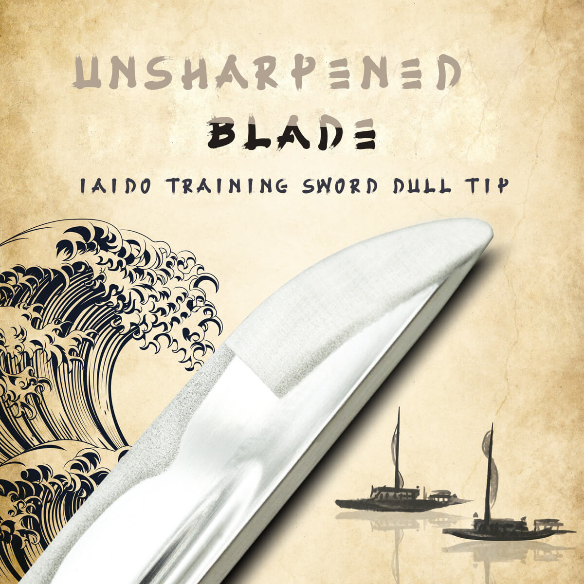 Iaido training sword with 'Unsharpened Blade' text on a decorative background