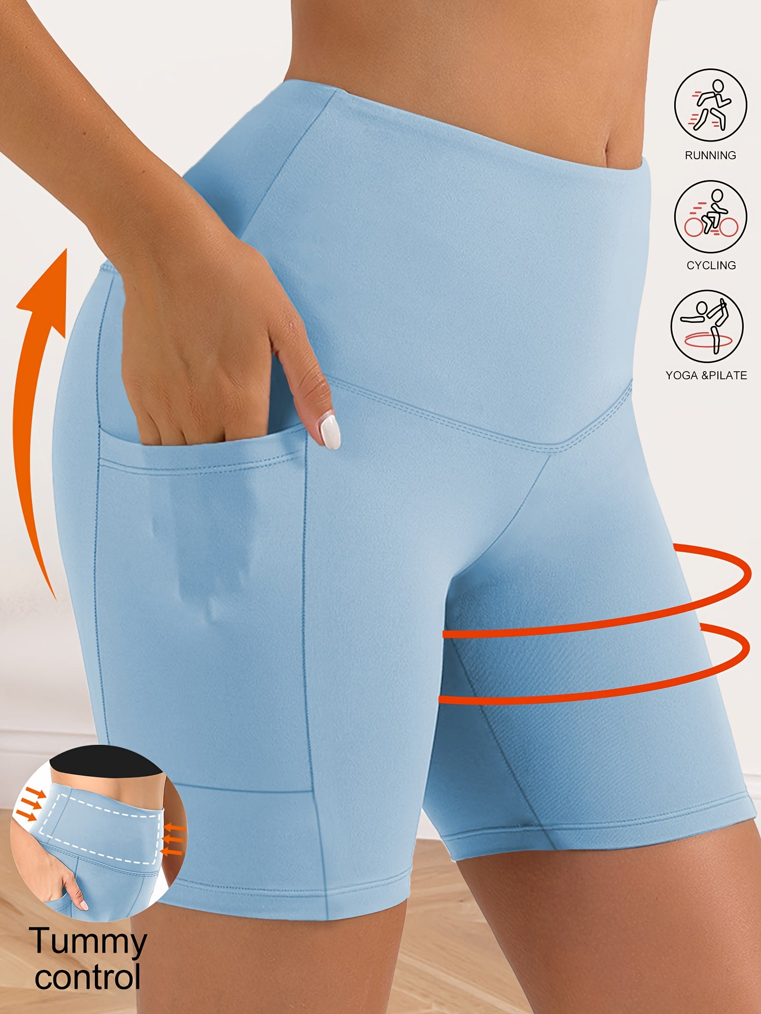 Light blue women's workout shorts with pockets with tummy control feature on a neutral background