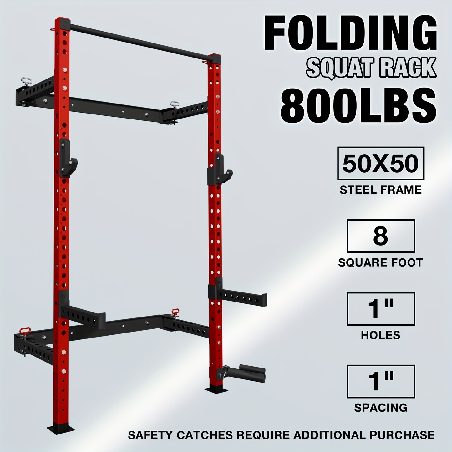 Red folding squat rack with specifications on a gray background