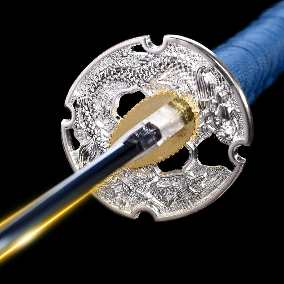 Close-up of a decorative silver ring of a Ronin Samurai Sword with intricate designs on a black background