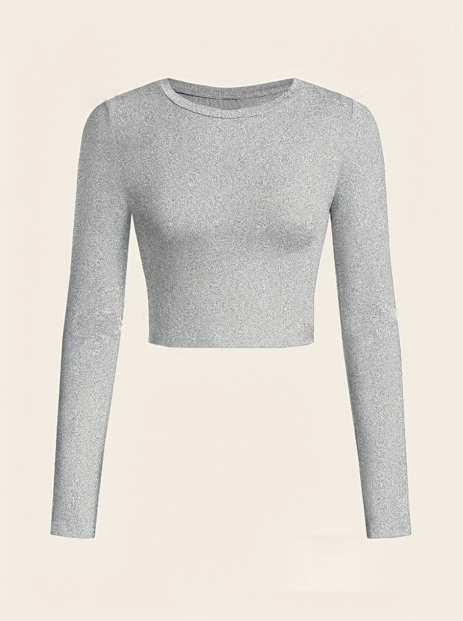 Gray long-sleeve crop top on a beige background