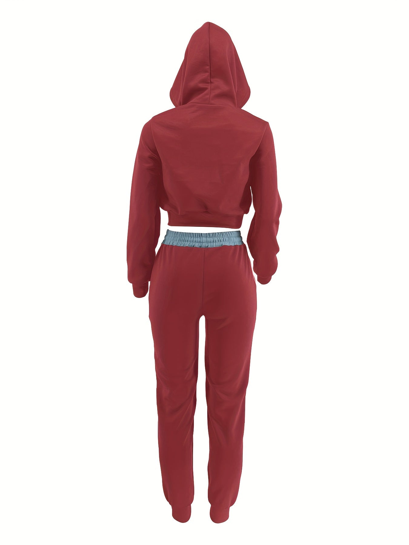The back view of a red women's luxury tracksuit set on a white background