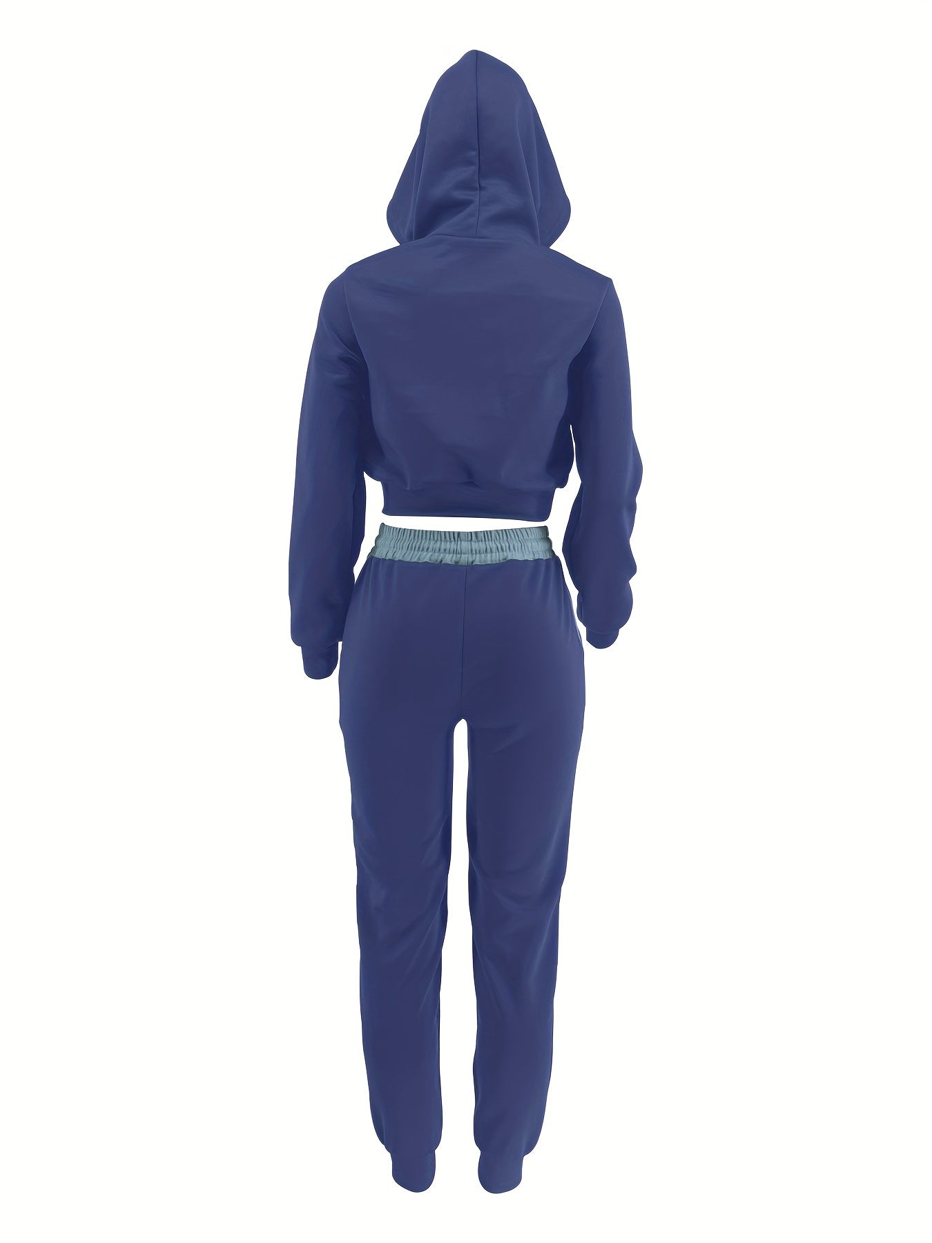 The back of a blue women's luxury tracksuit set with a hood on a white background
