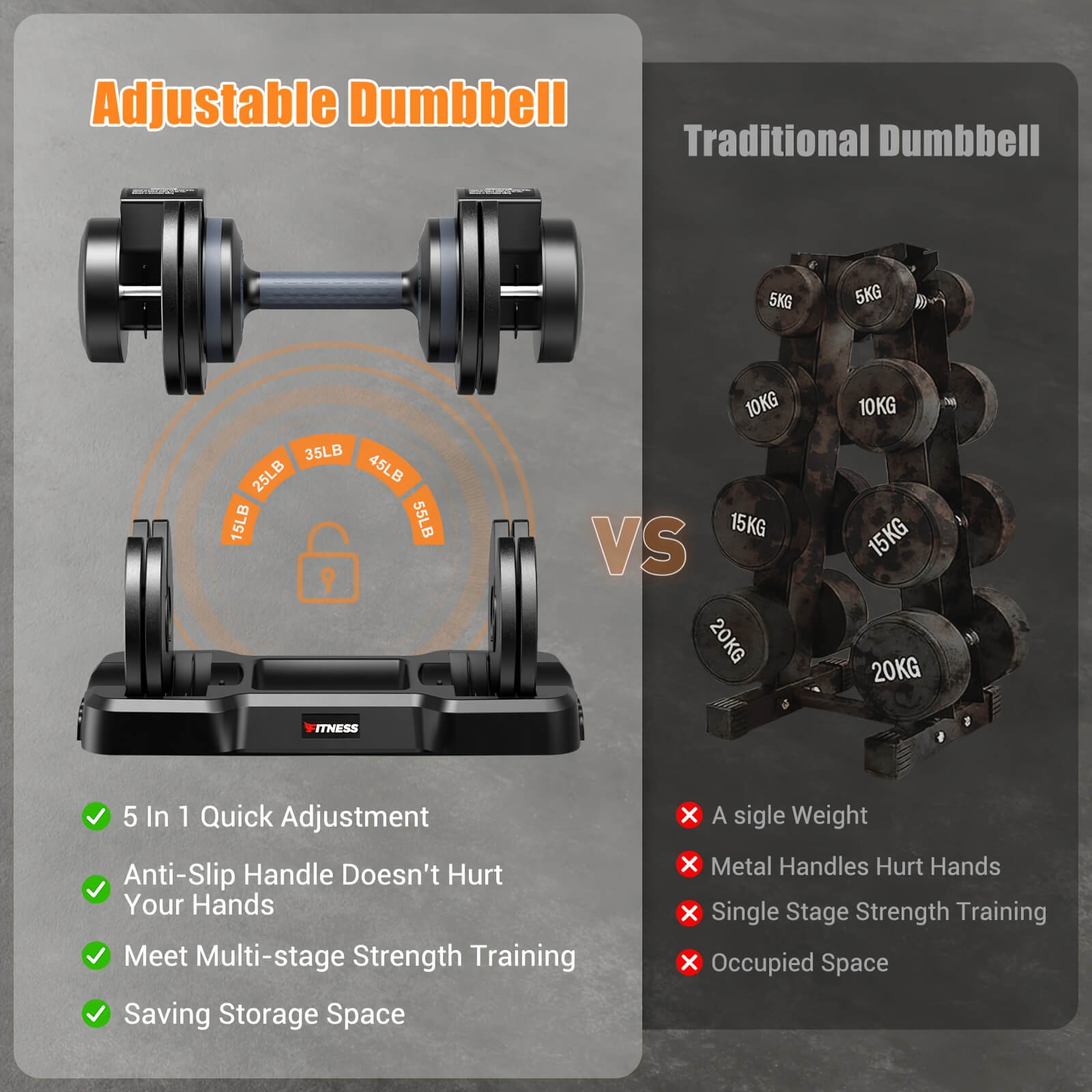 Adjustable dumbbell set with weight adjustment mechanism and traditional dumbbells on a gray background.