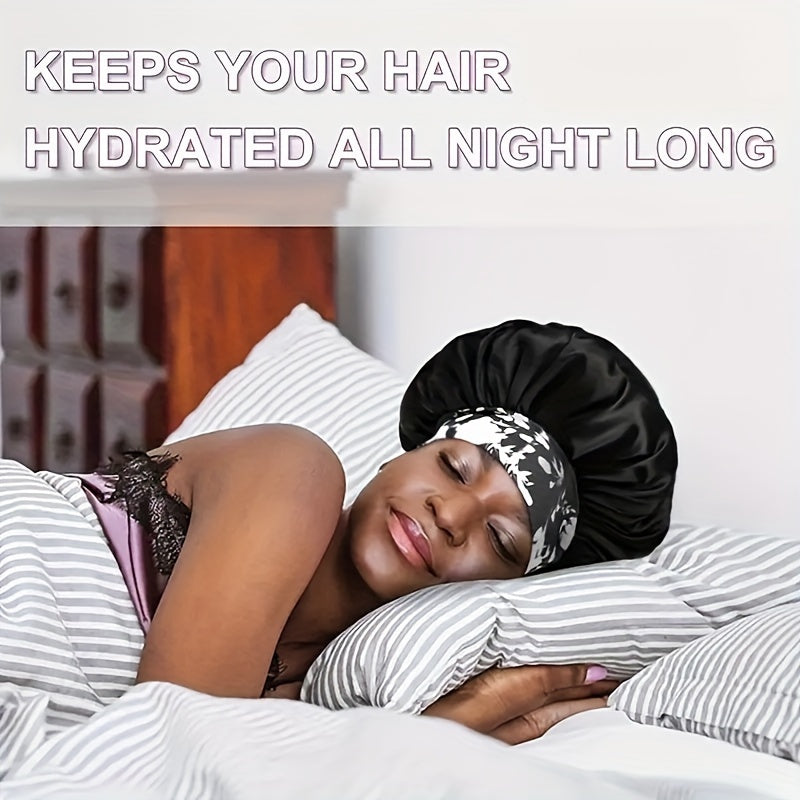 Woman sleeping with a hair bonnet on, text 'Keeps your hair hydrated all night long'.