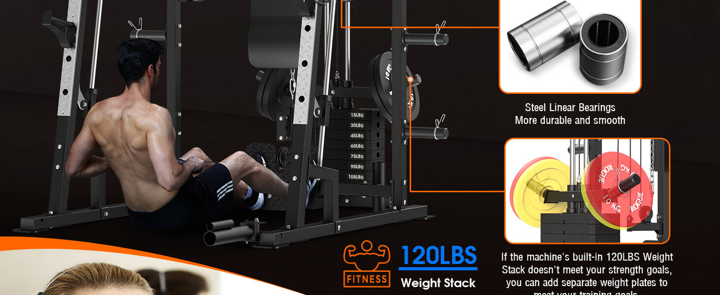 All in one smith machine with a focus on weight stack and durability features.