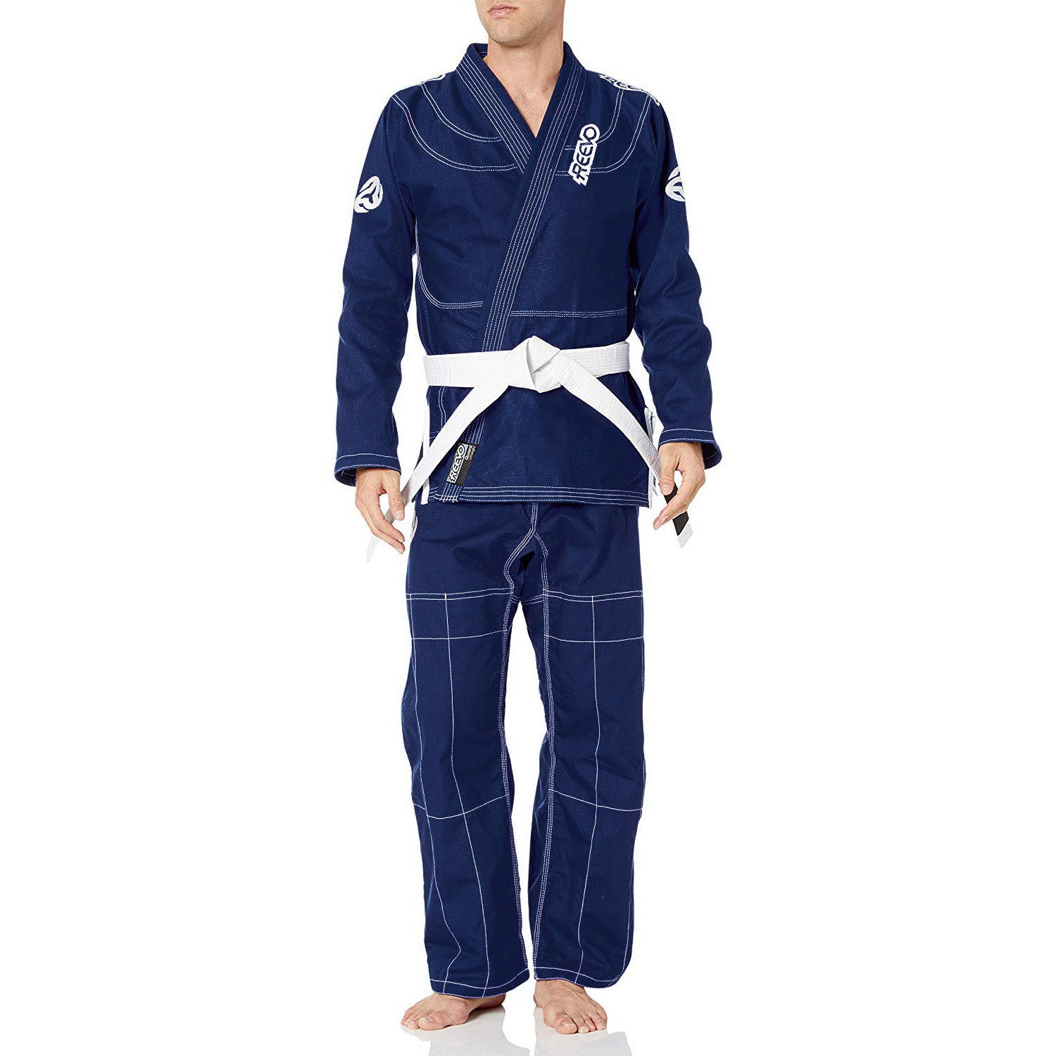Person wearing a blue martial arts uniform with white belt on a white background