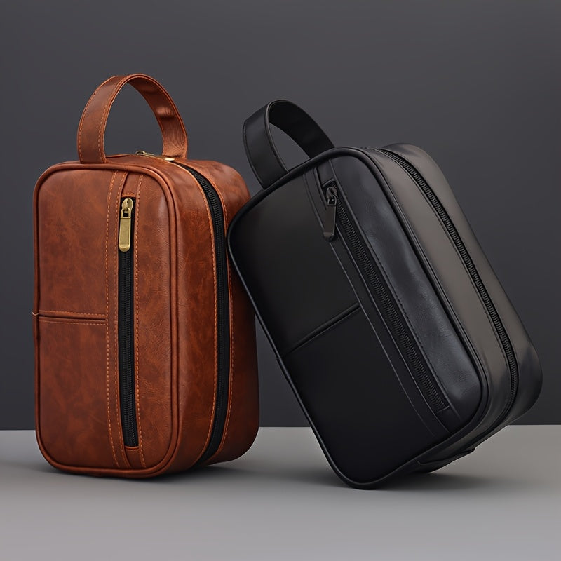 Brown leather bag and black crossbody bag on a gray background