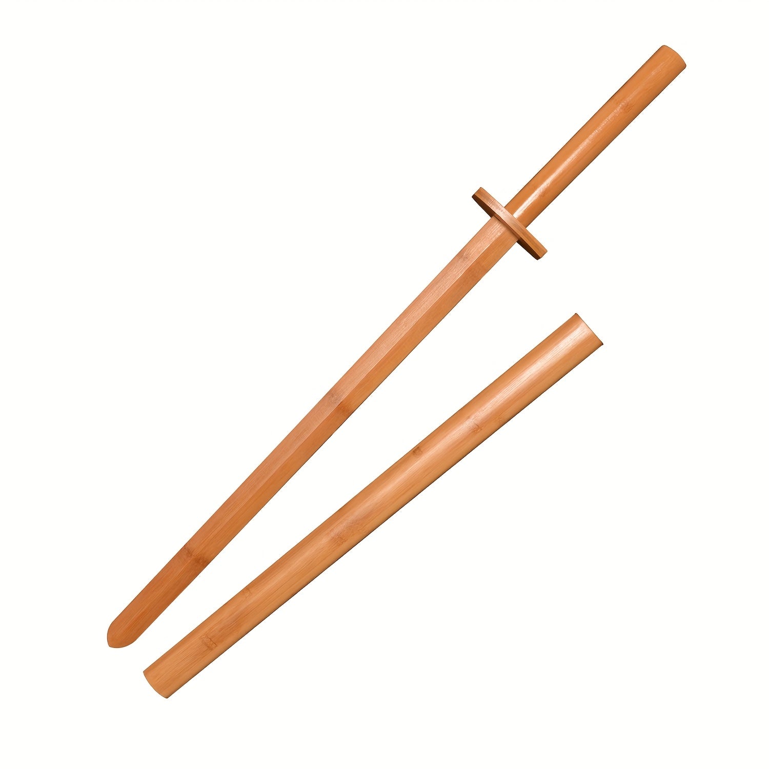 A brown training sword and a brown scabbard on a white background
