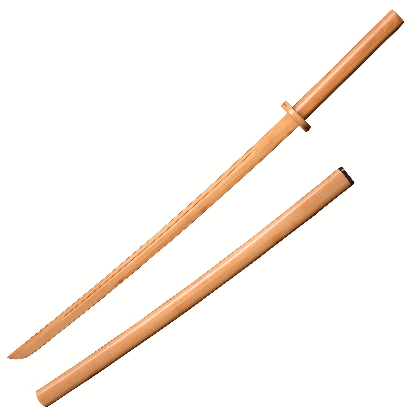 A brown wooden training sword and brown scabbard on a white background