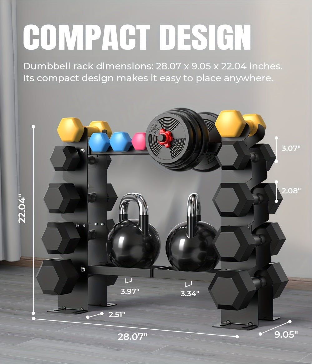 Dumbbell rack with weights and dimensions labeled on a gray background