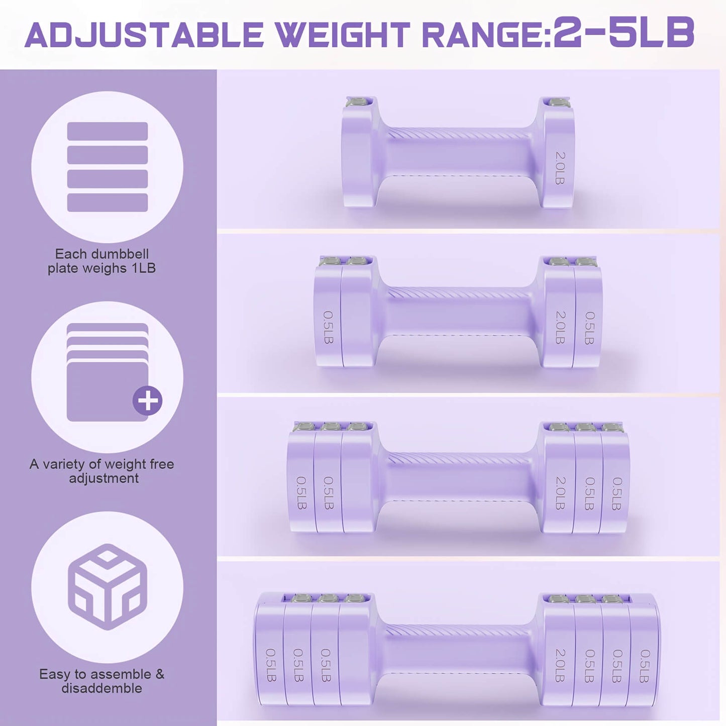 Set of adjustable dumbbells with weight range 3-11LB on a white background