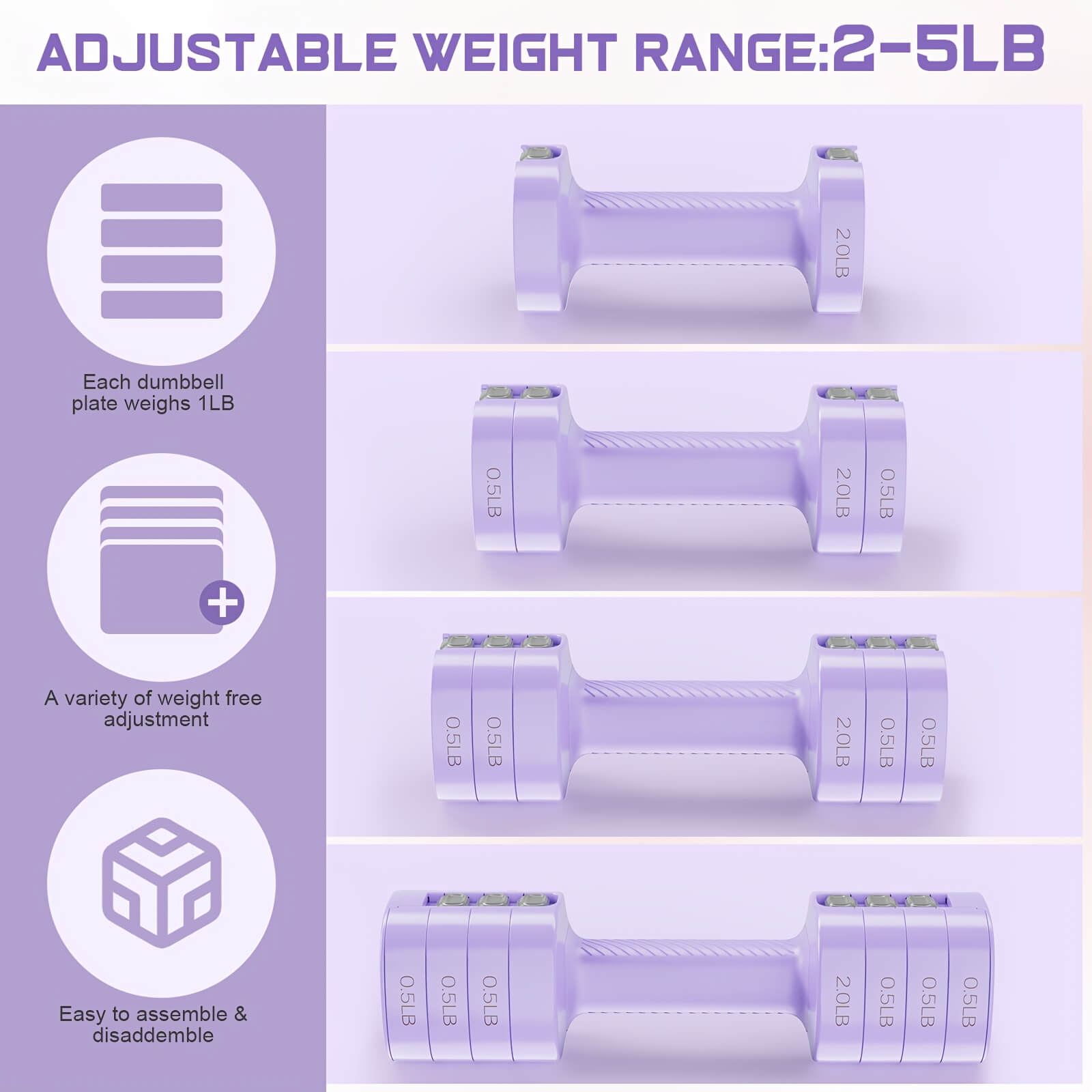 Set of adjustable dumbbells with weight range 3-11LB on a white background