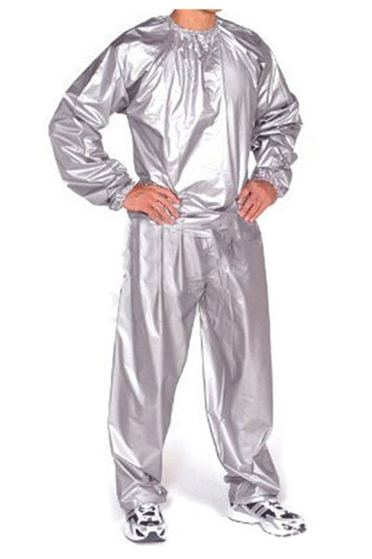 Person wearing a silver reflective sauna sweat suit on a white background