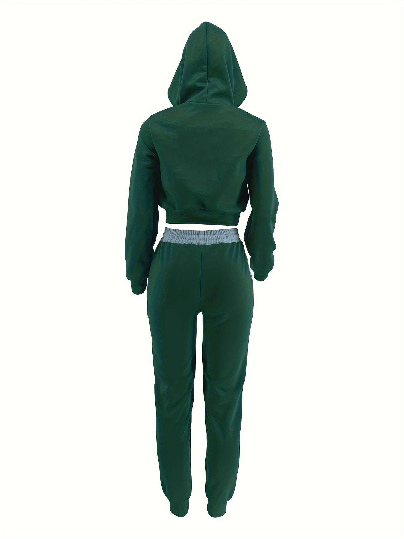 The back of a green women's luxury tracksuit set with a hood on a white background