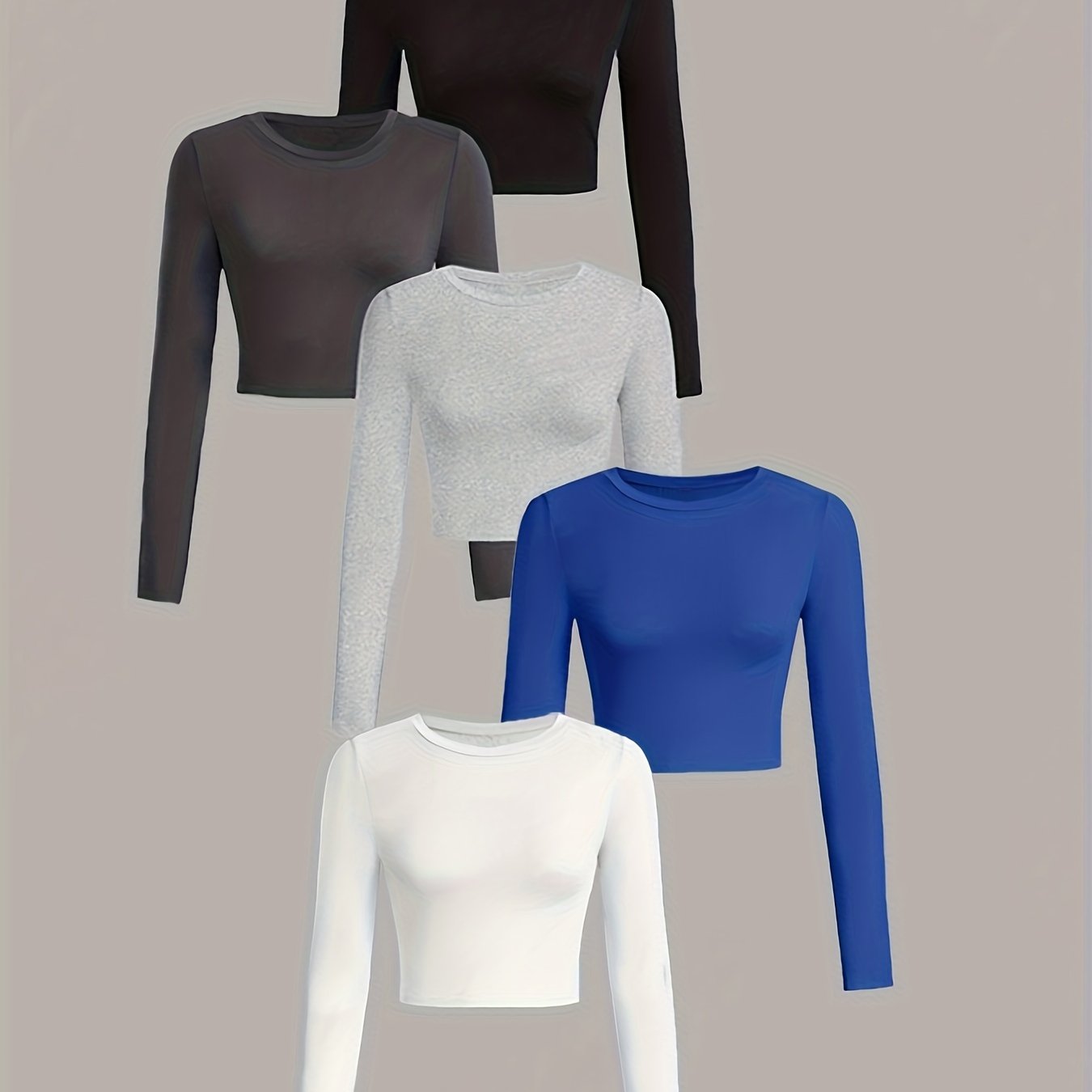 Set of five long-sleeve crop tops in black, gray, white, and blue on a beige background