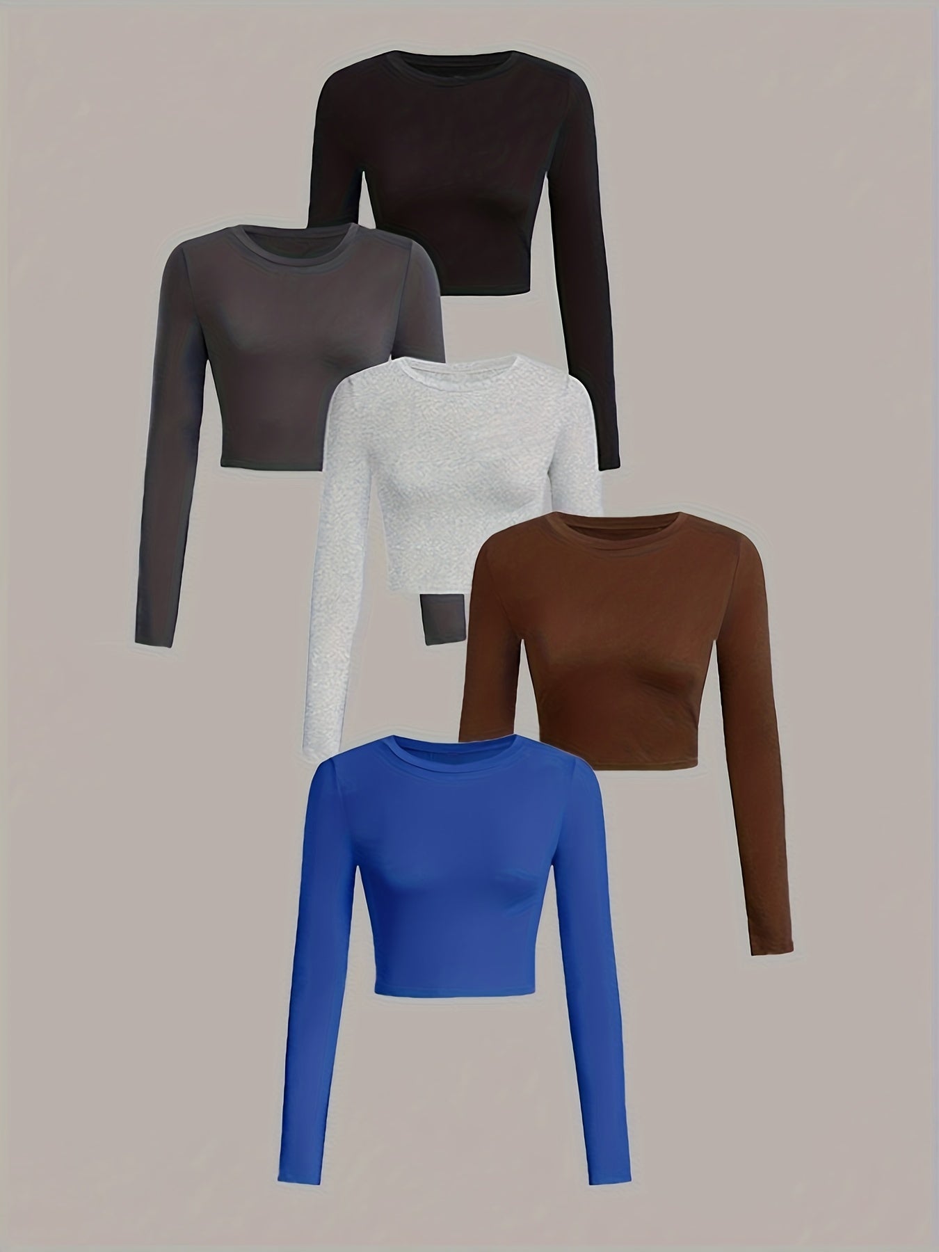 Set of five long-sleeve crop tops in black, gray, white, brown, and blue on a beige background.