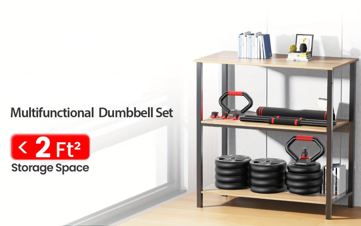 Multifunctional dumbbell set with storage space on a shelf.