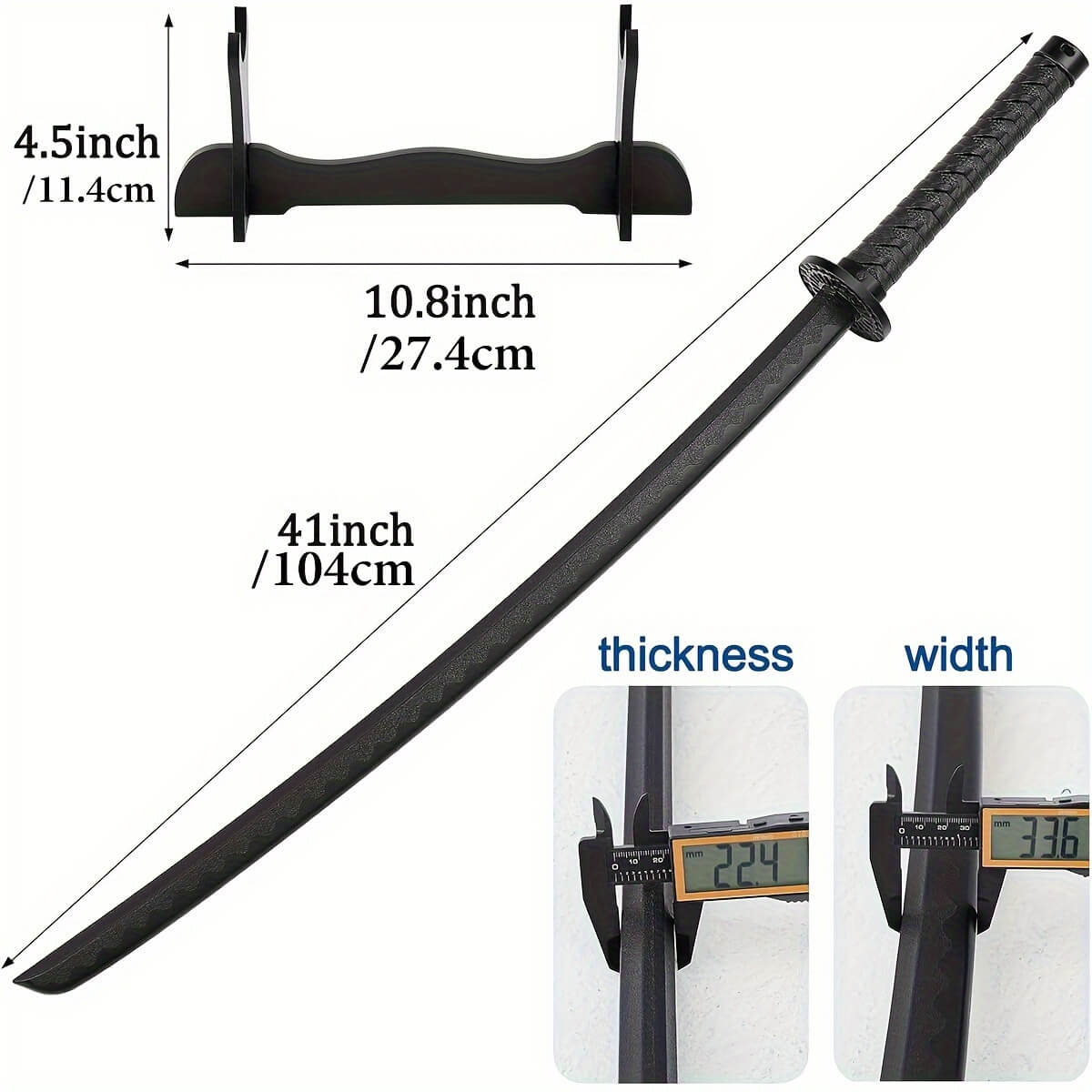 Training sword with measurements displayed on a white background