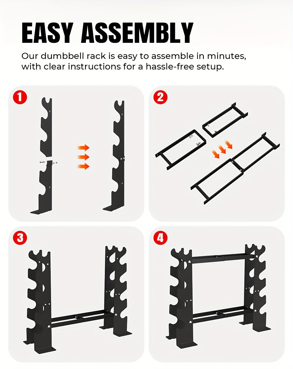 Step-by-step assembly guide for a dumbbell rack with clear instructions.