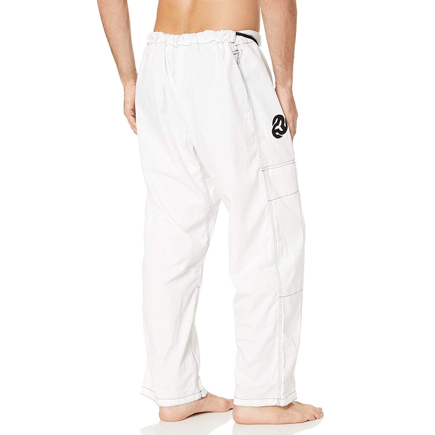 White cargo pants of a BJJ Gi with a logo on a white background