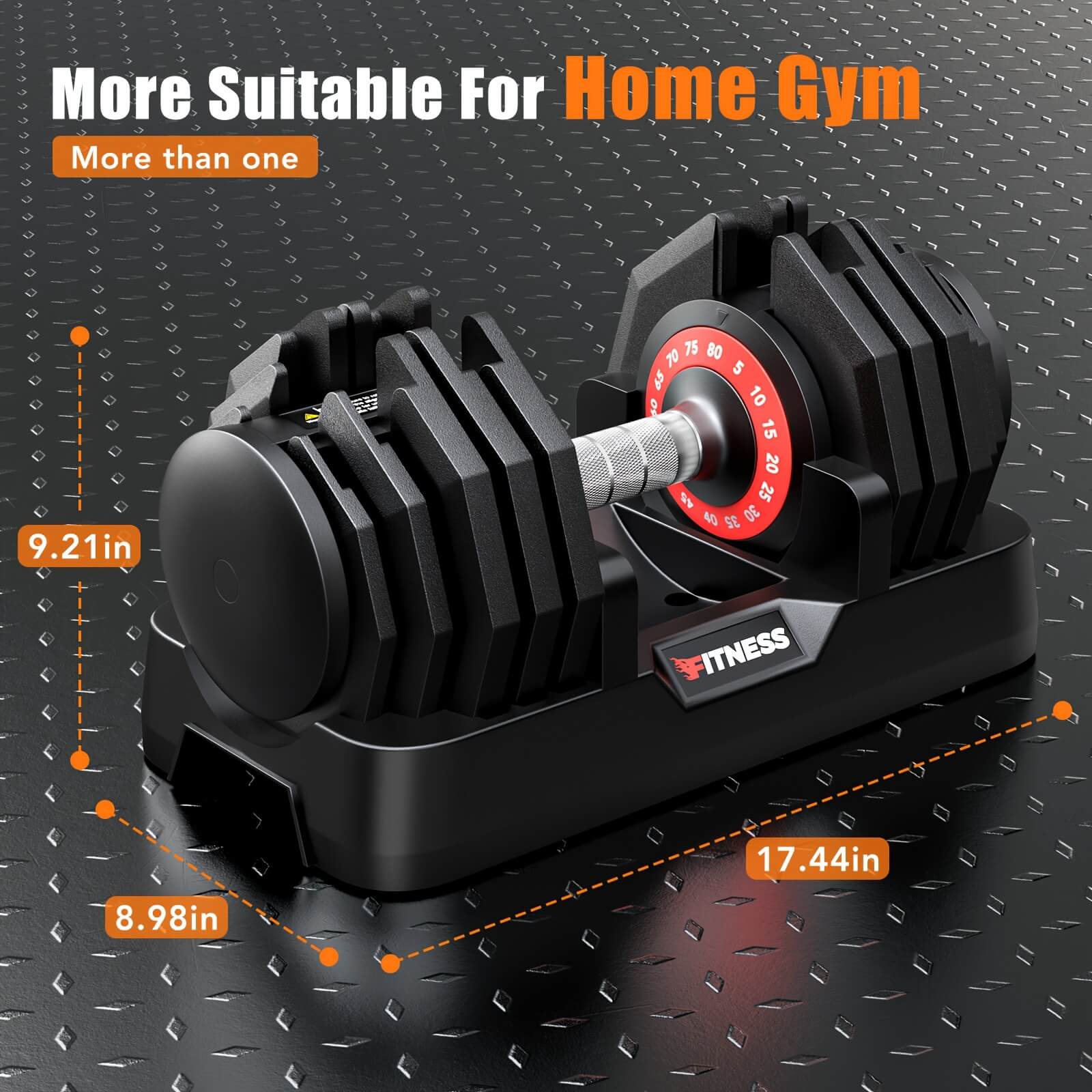 The dimension of a core home fitness adjustable dumbbell set with weight indication on a white background