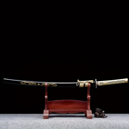 Antique Japanese Samurai Katana Sword wooden stand with a black background