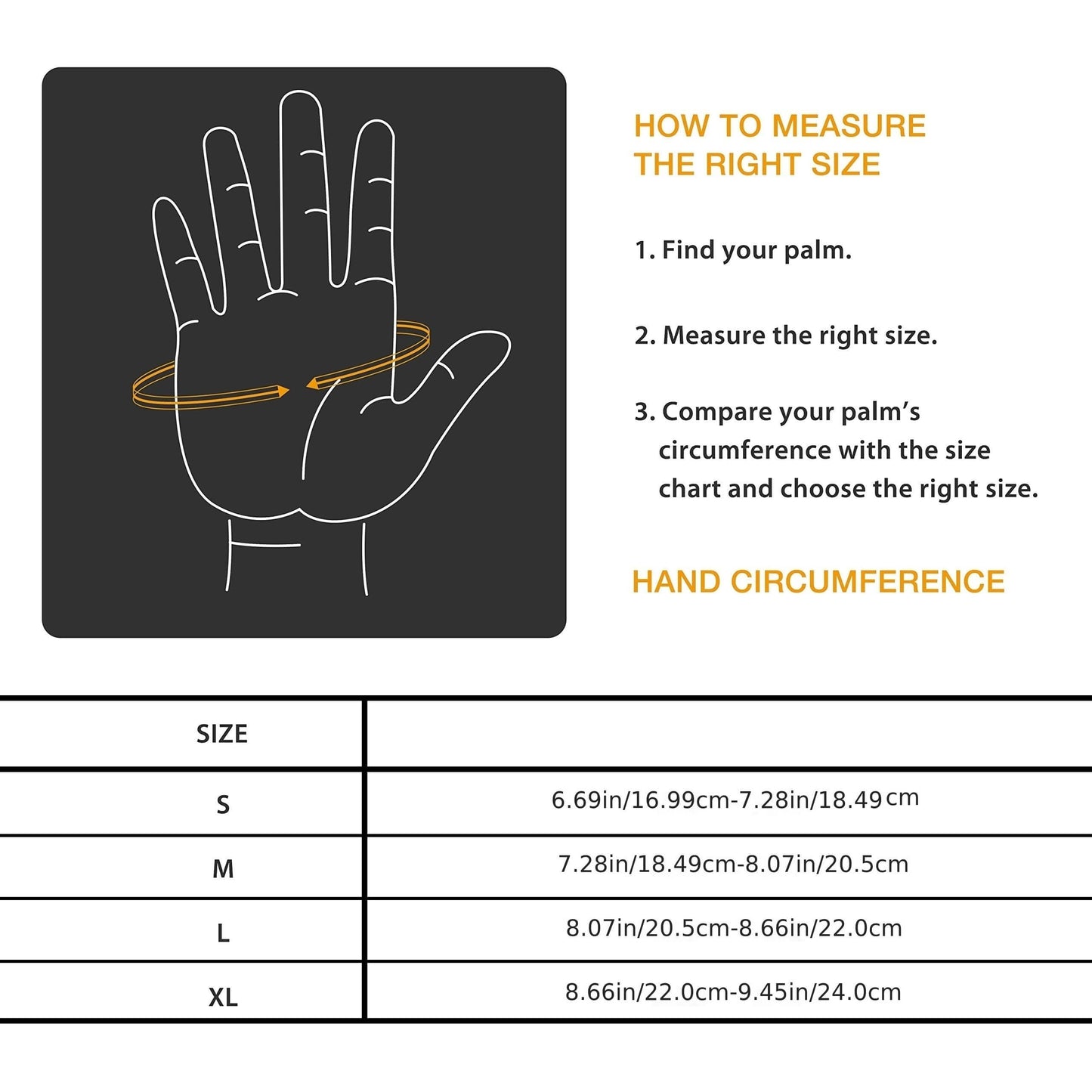 Hand measurement chart for sizing workout training gloves with a diagram of a hand and measurement instructions.