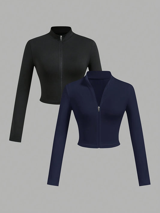 2 pcs Black and navy womens zip up sweatshirt sold by 100 Spartans on a gray background