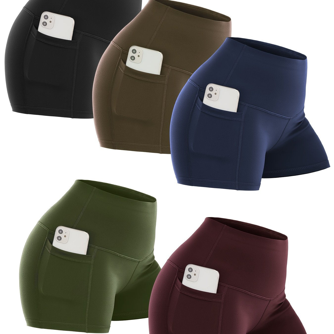 Five pairs of biker shorts with pockets in different colors on a white background