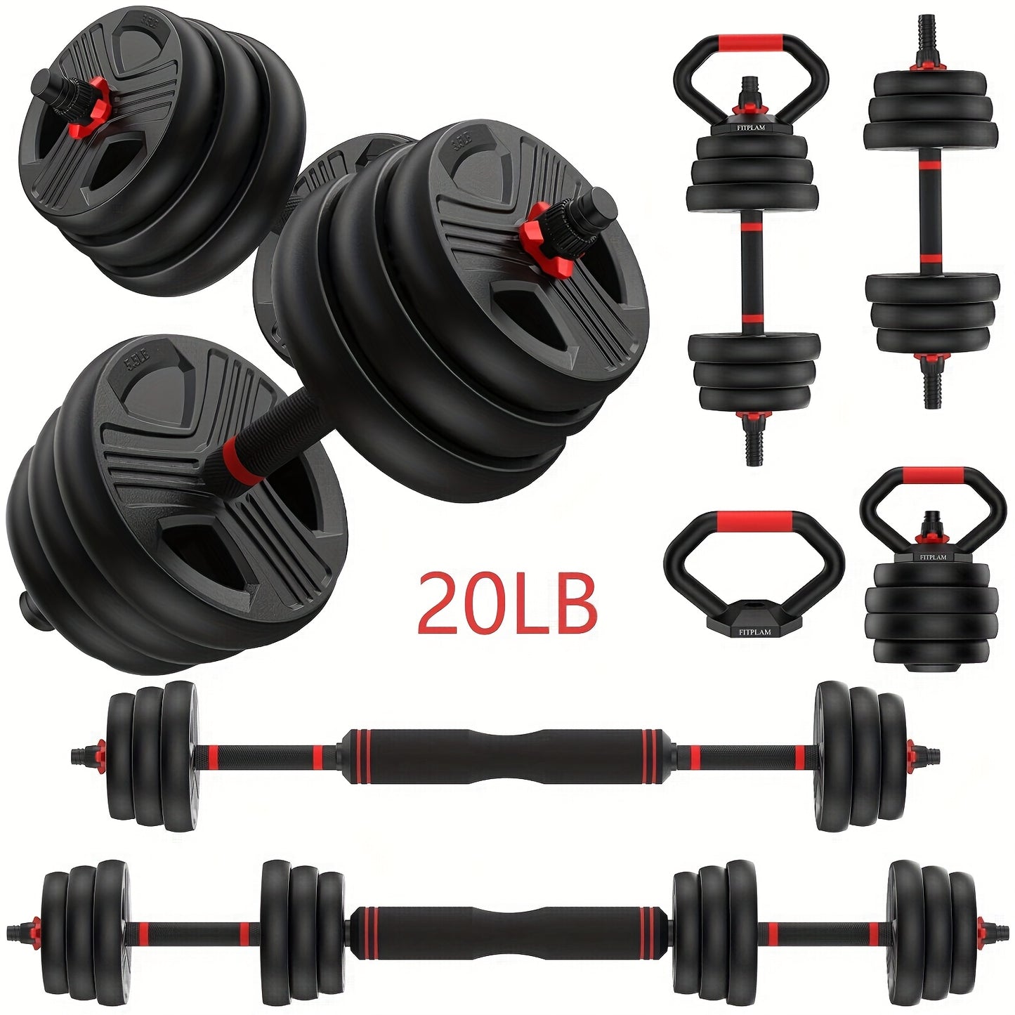 Set of adjustable dumbbells and weight plates on a white background