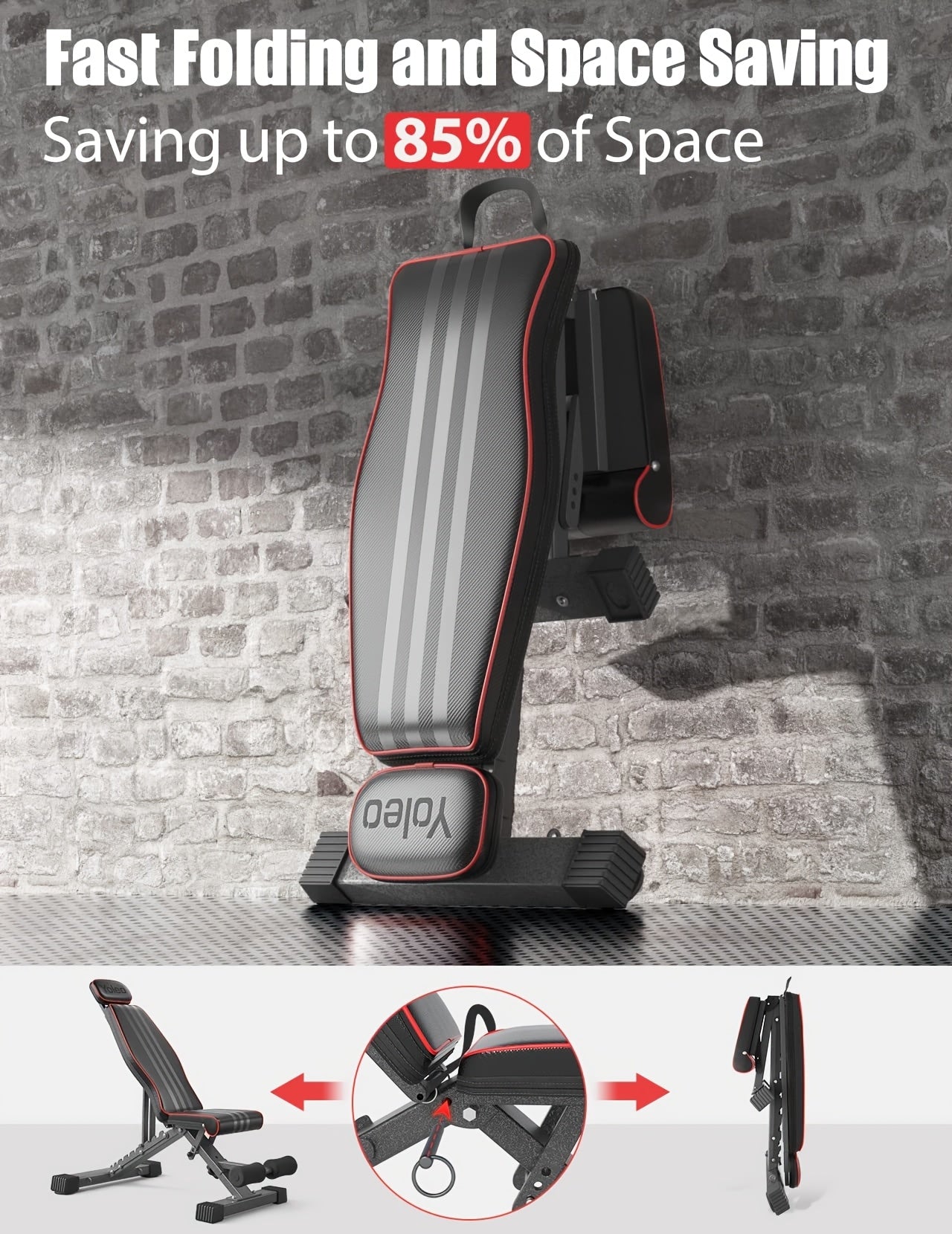 Yoleo weight adjustable bench with space-saving feature against a brick wall.