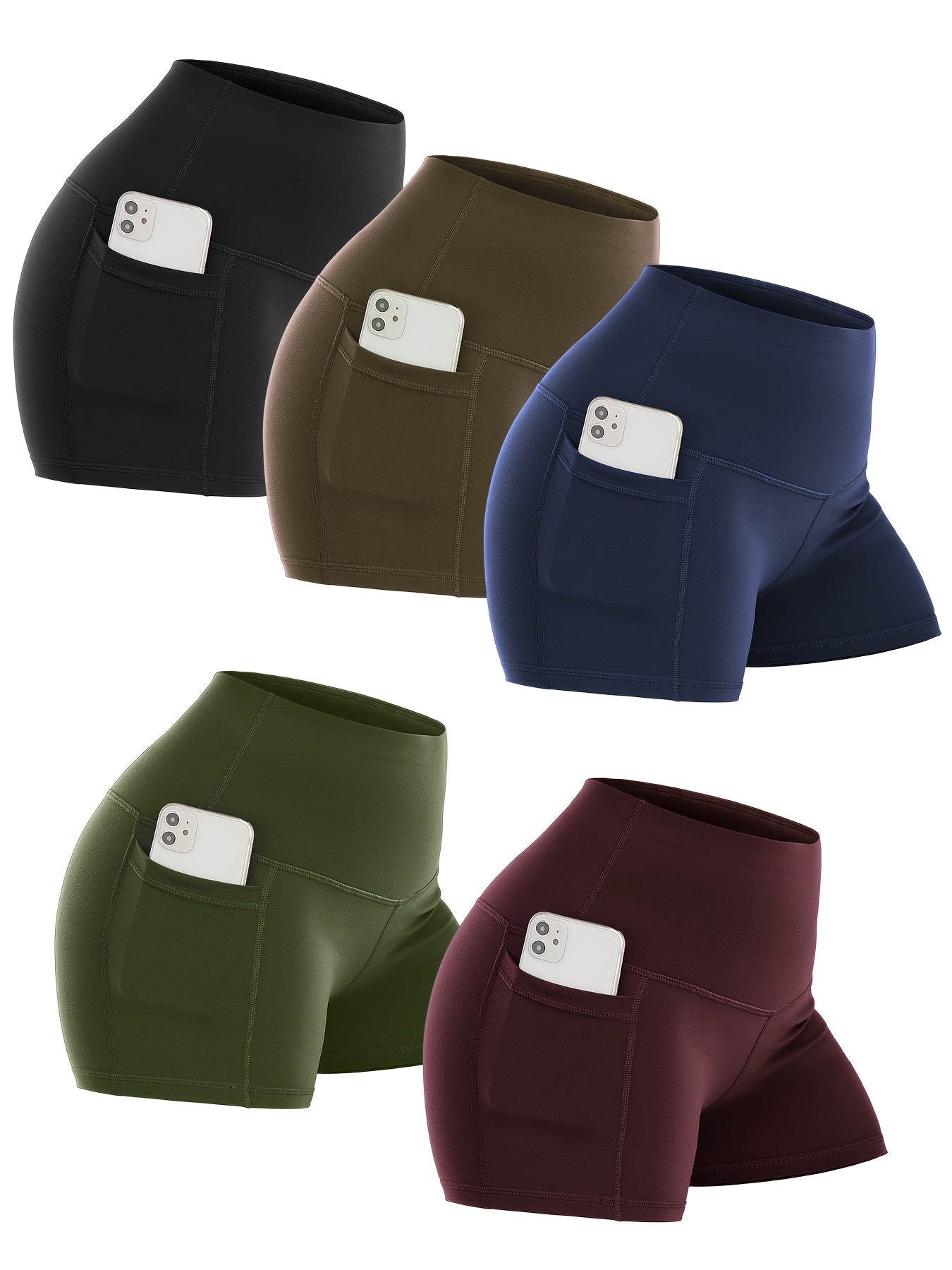 Set of six pairs of biker shorts with pockets in black, brown, blue, green, and maroon on a white background.