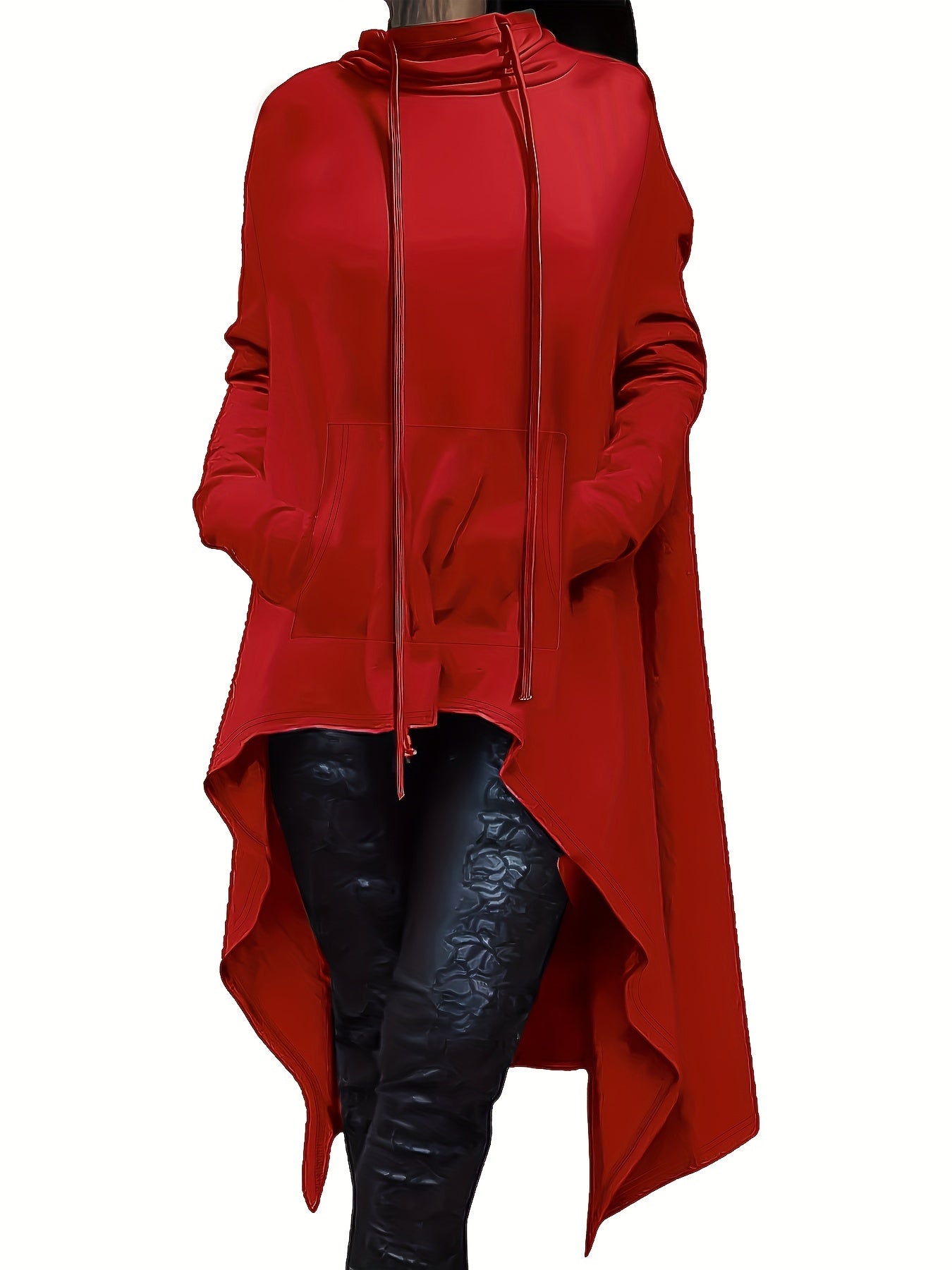 A woman wearing a red women’s oversized hoodie sold by 100 Spartans