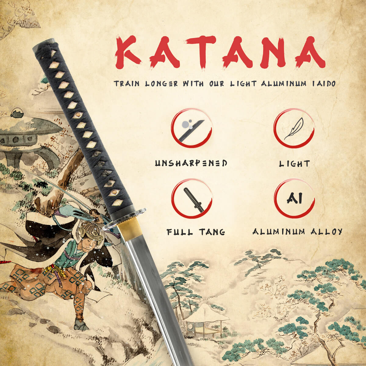 Katana training sword with artistic background and text about product features