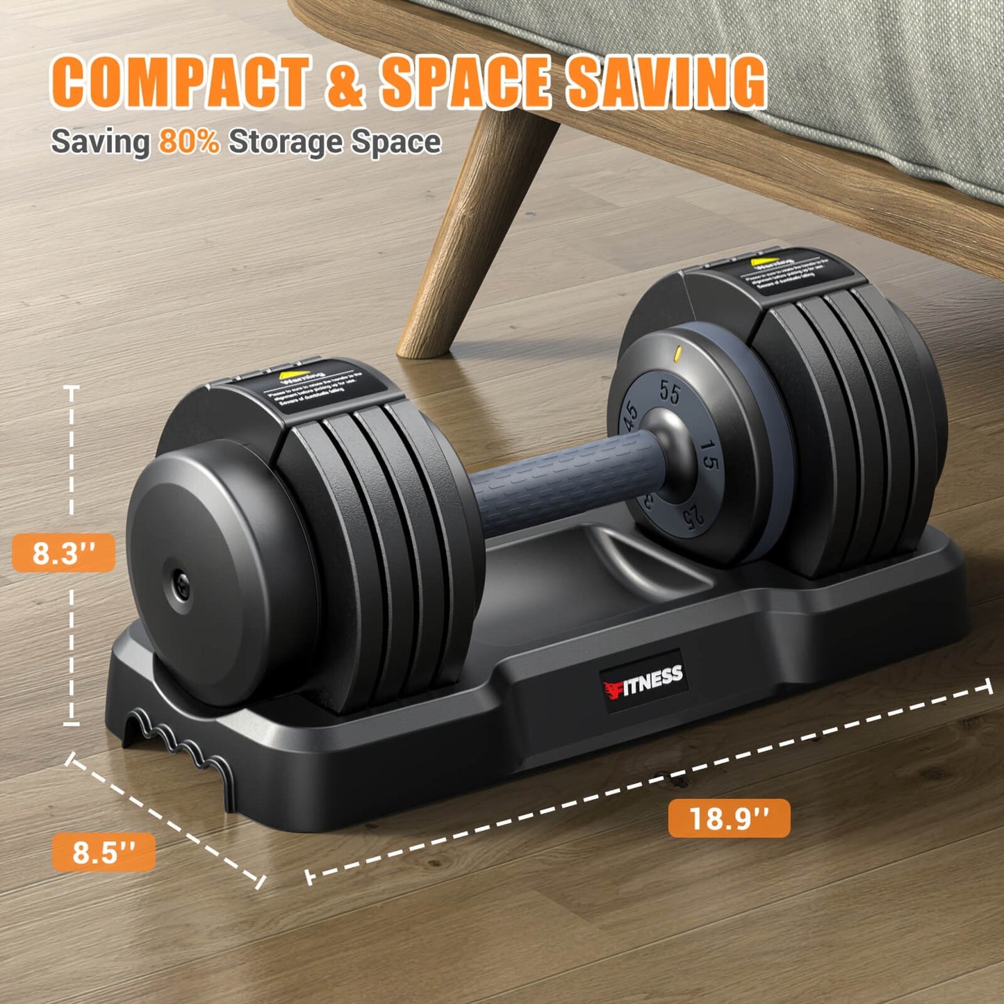 Dimension of a heavy adjustable dumbbell set on a wooden floor with space-saving features highlighted.