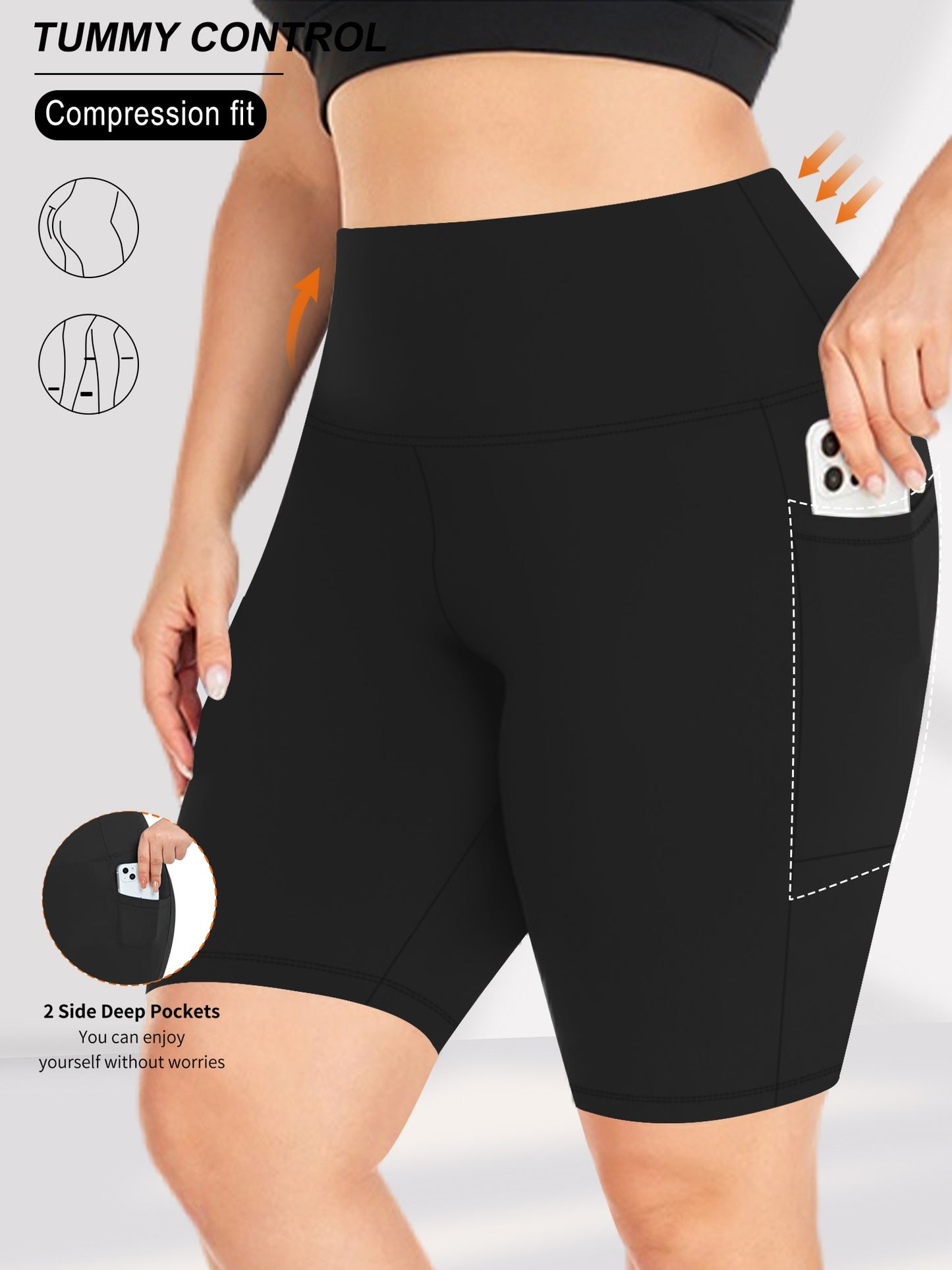 Black women's workout shorts with pockets with side pockets on a white background