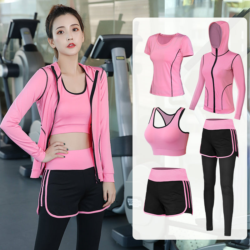 Woman in pink 5 Piece Yoga Clothes For Women with fitness equipment in the background, and separate images of pink athletic wear.