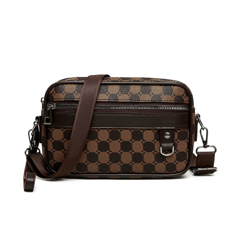Brown patterned leather toiletry bag on a white background