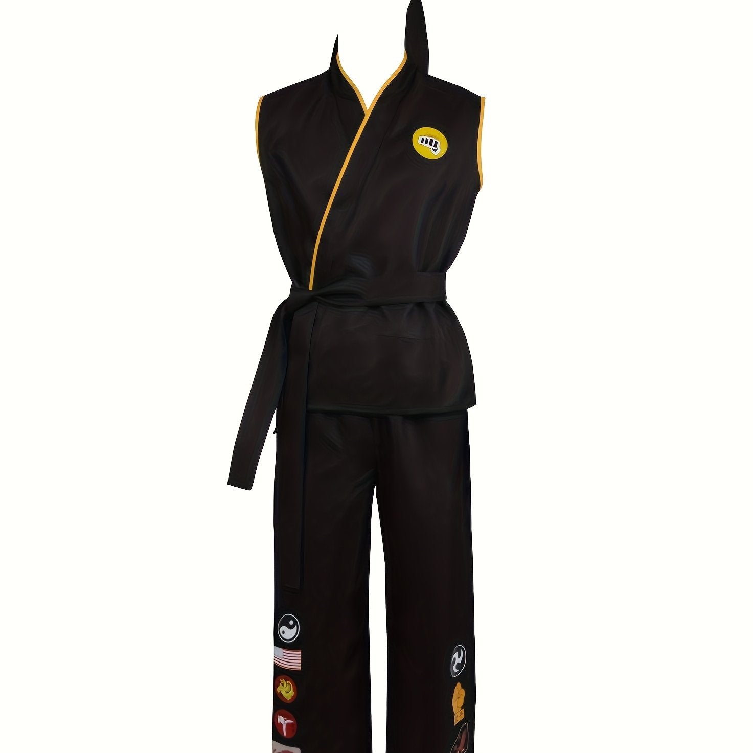Black Taekwondo uniform with yellow accents on a white background