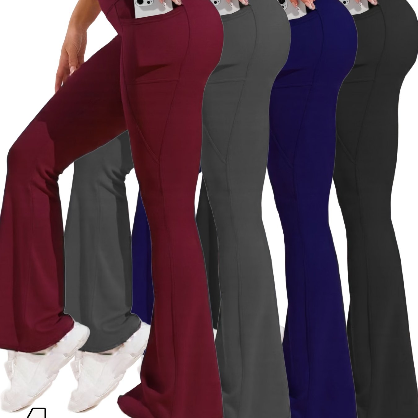 4 different variants and a woman wearing a women’s flare leggings sold by 100 Spartans
