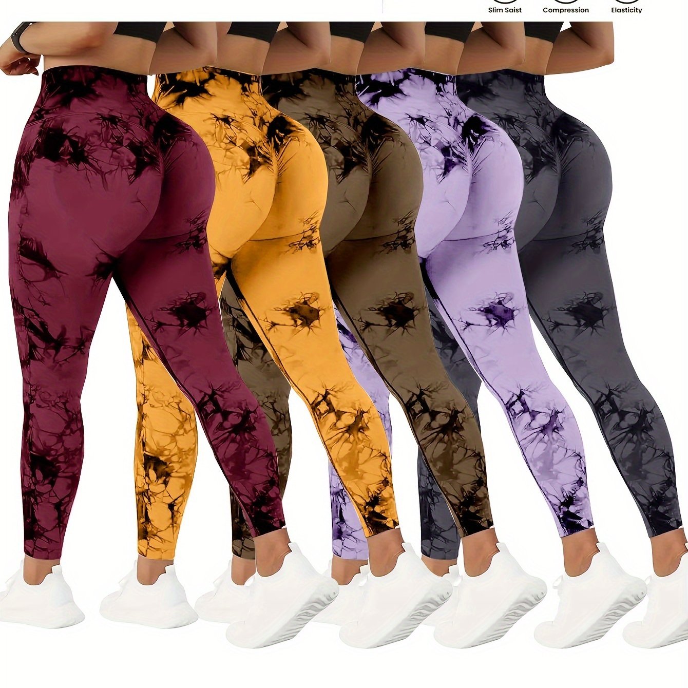 Women wearing different colors of high waisted yoga leggings sold by 100 Spartans