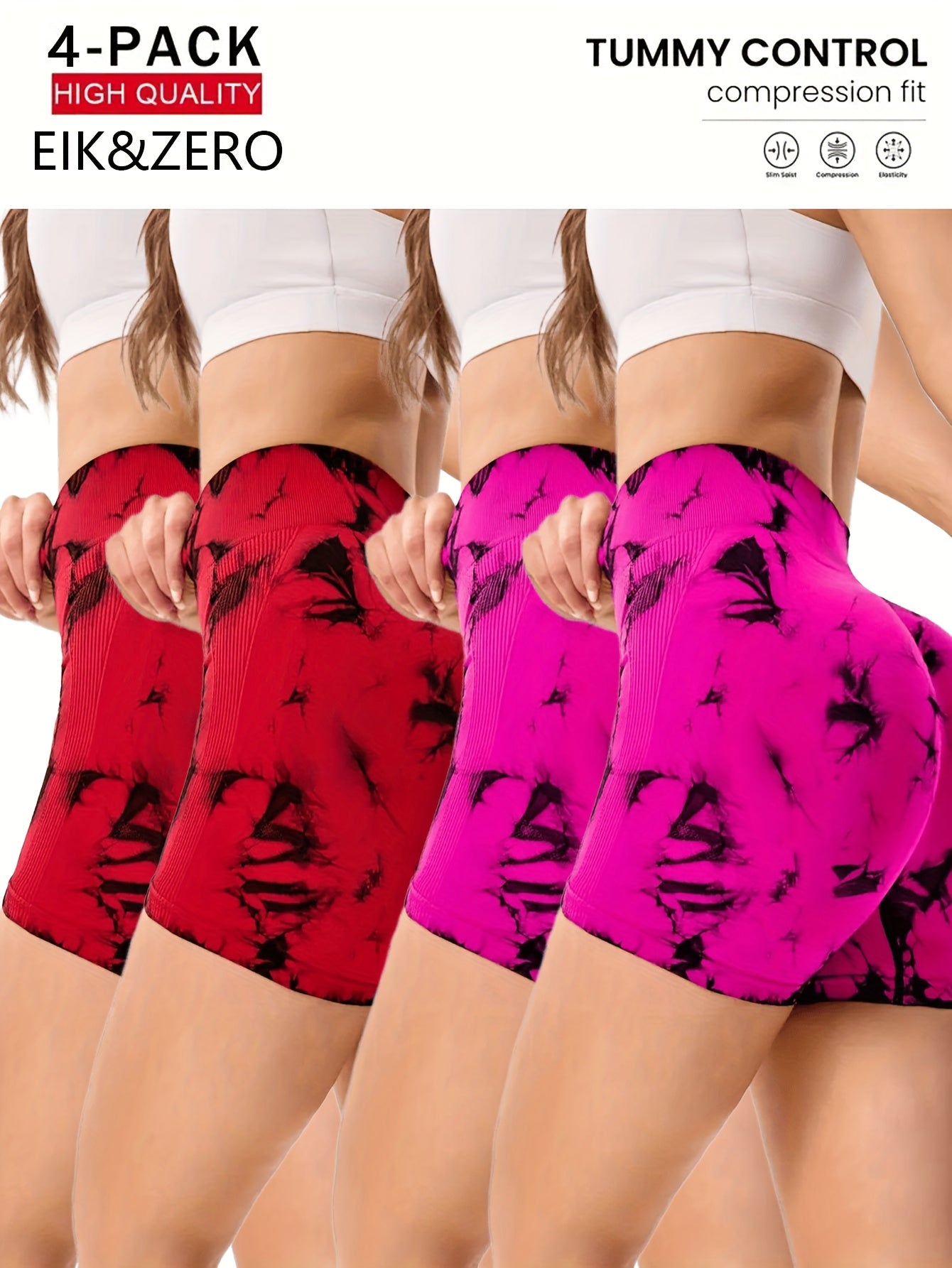 Four pairs of compression women's yoga shorts in red and pink with visible branding on a white background.