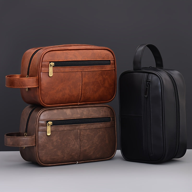 Two brown leather bags and one black leather bag on a gray background