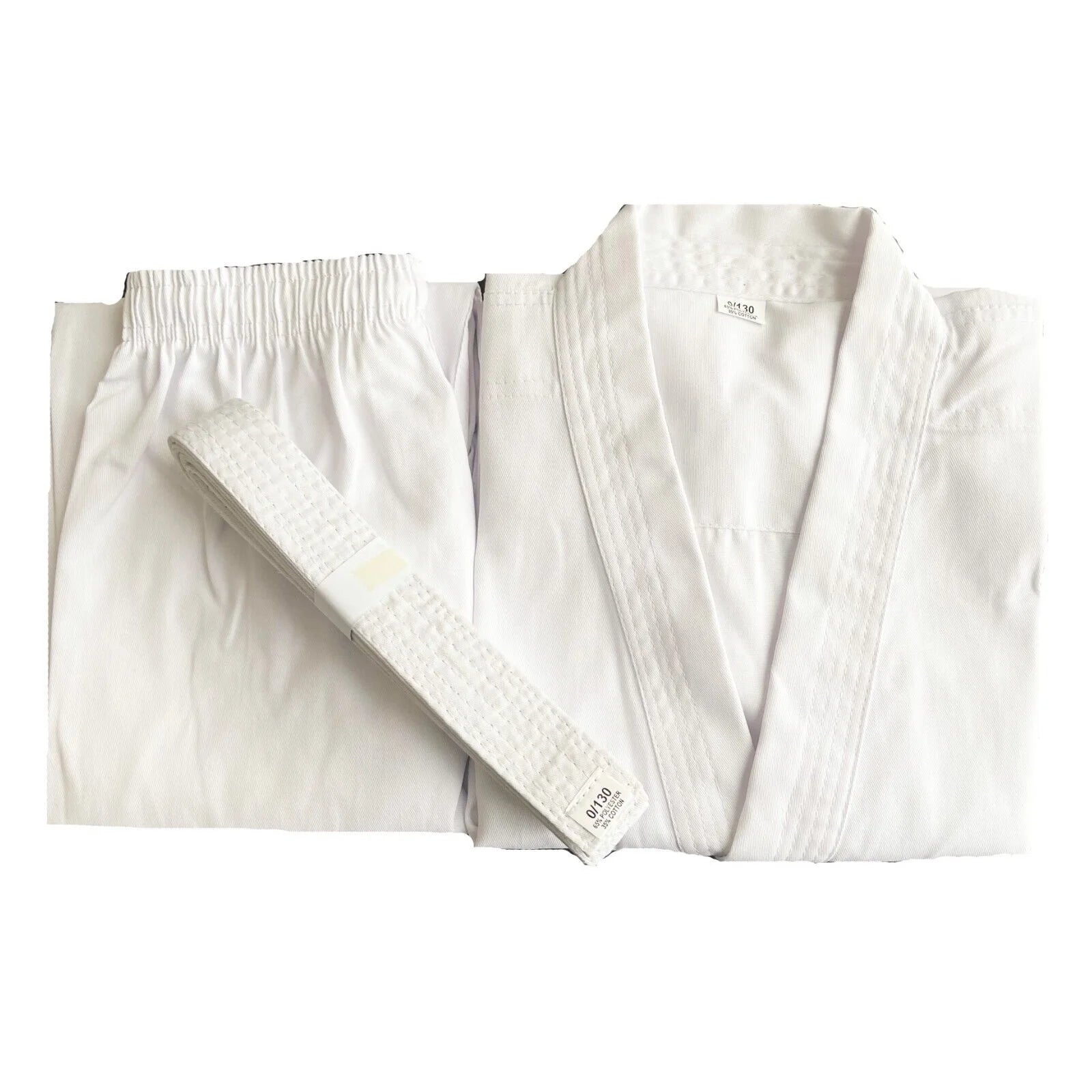 A set of folded white 10oz Men's Classic Karate Gi sold by 100 Spartans