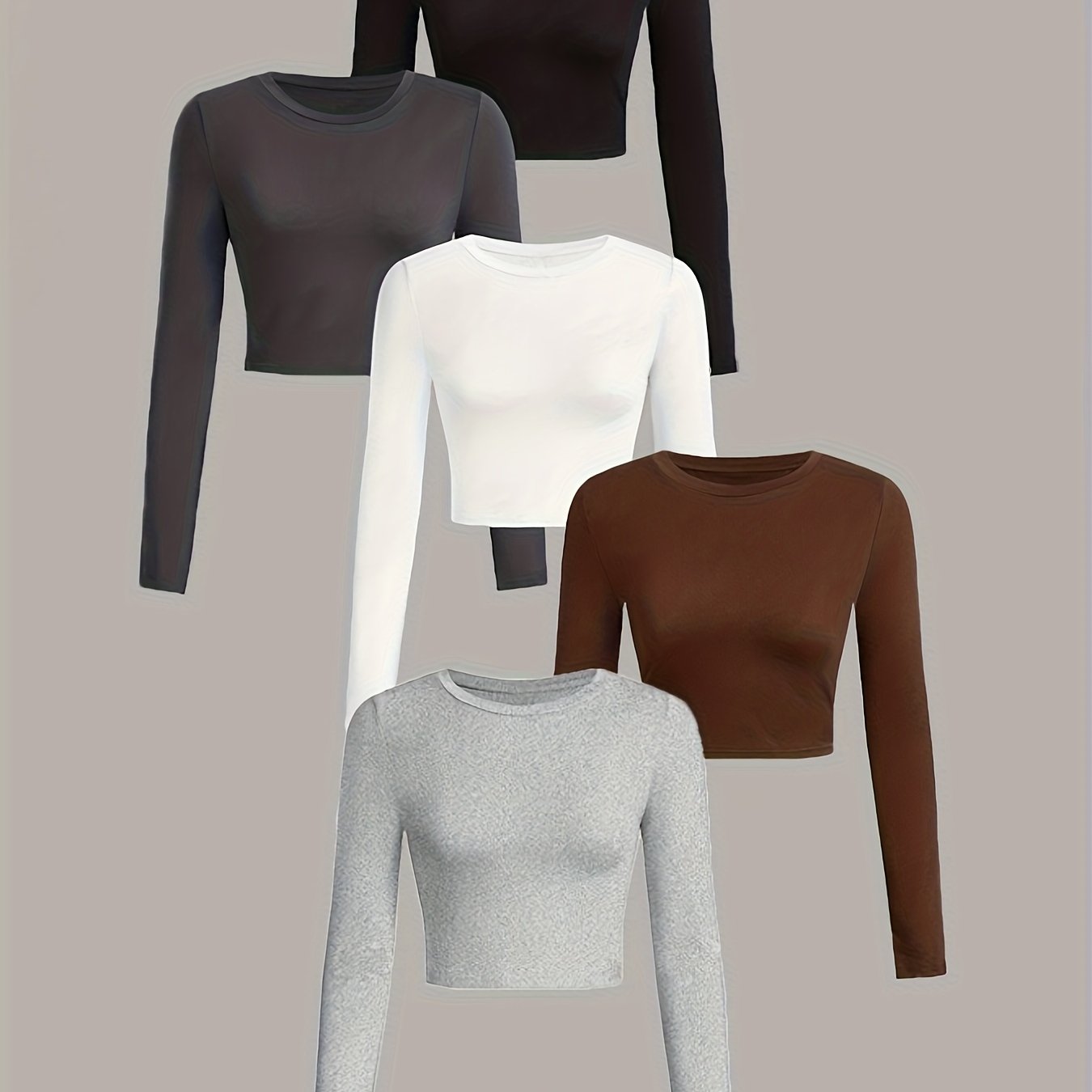 Five long-sleeve crop tops in black, white, brown, and gray on a beige background