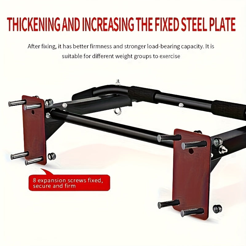Wall mount pull up bar with thickened and increased fixed steel plate, featuring text on a white background.