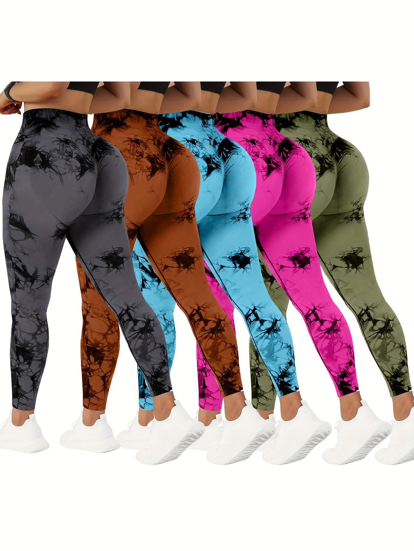 Women wearing different colors of high waisted yoga leggings sold by 100 Spartans