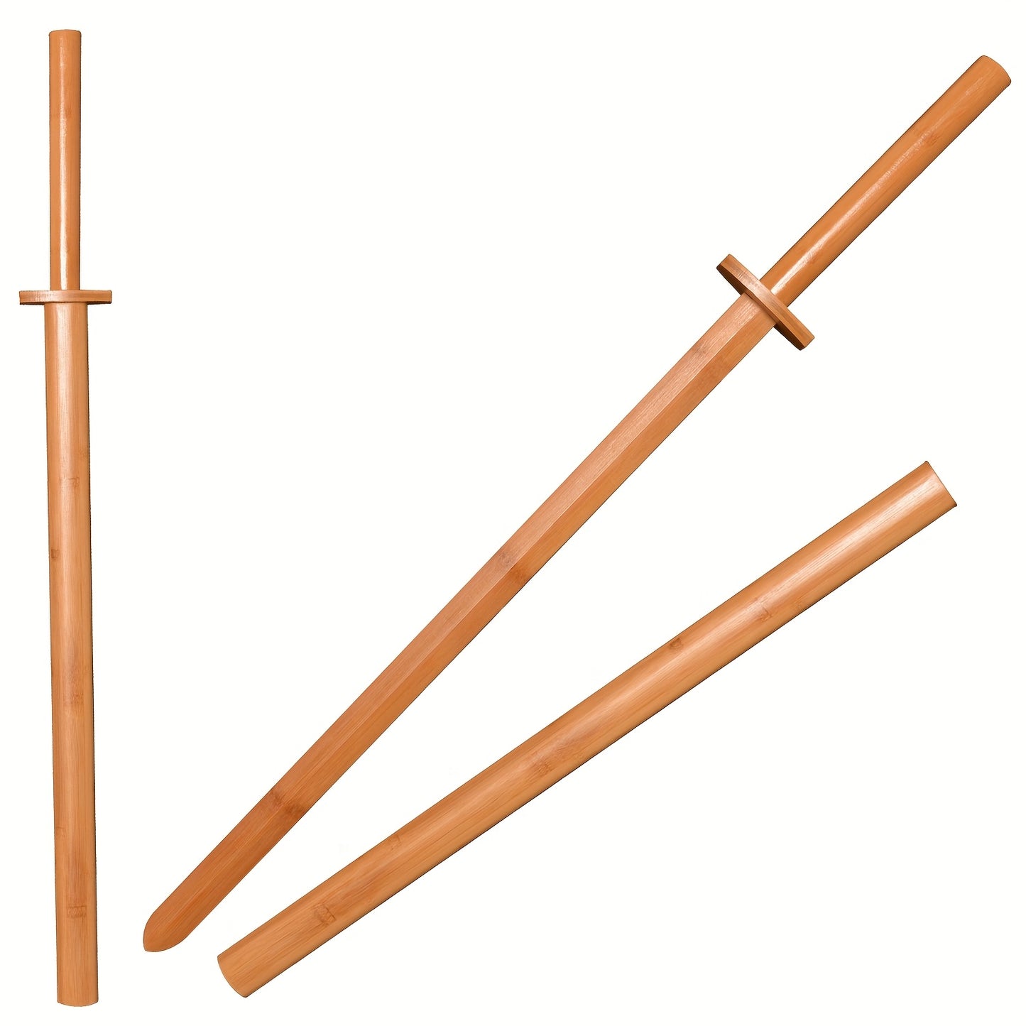 Set of wooden training swords on a white background